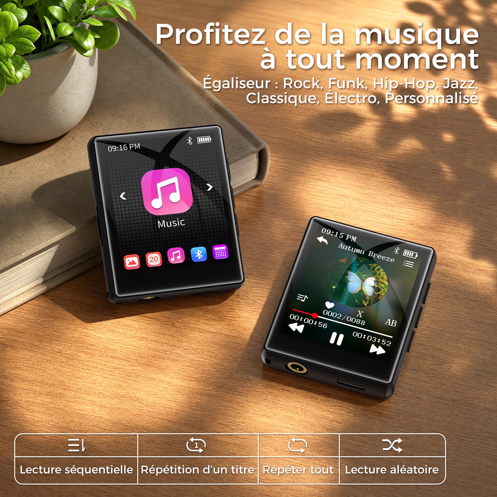 64 Go Lecteur MP3 avec Bluetooth 5.3, Mini Lecteur MP3 avec écran Tactile de 1,8 Pouces, Haut-Parleur, Son HiFi, Radio FM, Lecteur de Livres électroniques, enregistreur, jusqu'à 128 Go (Noir, 55 g)