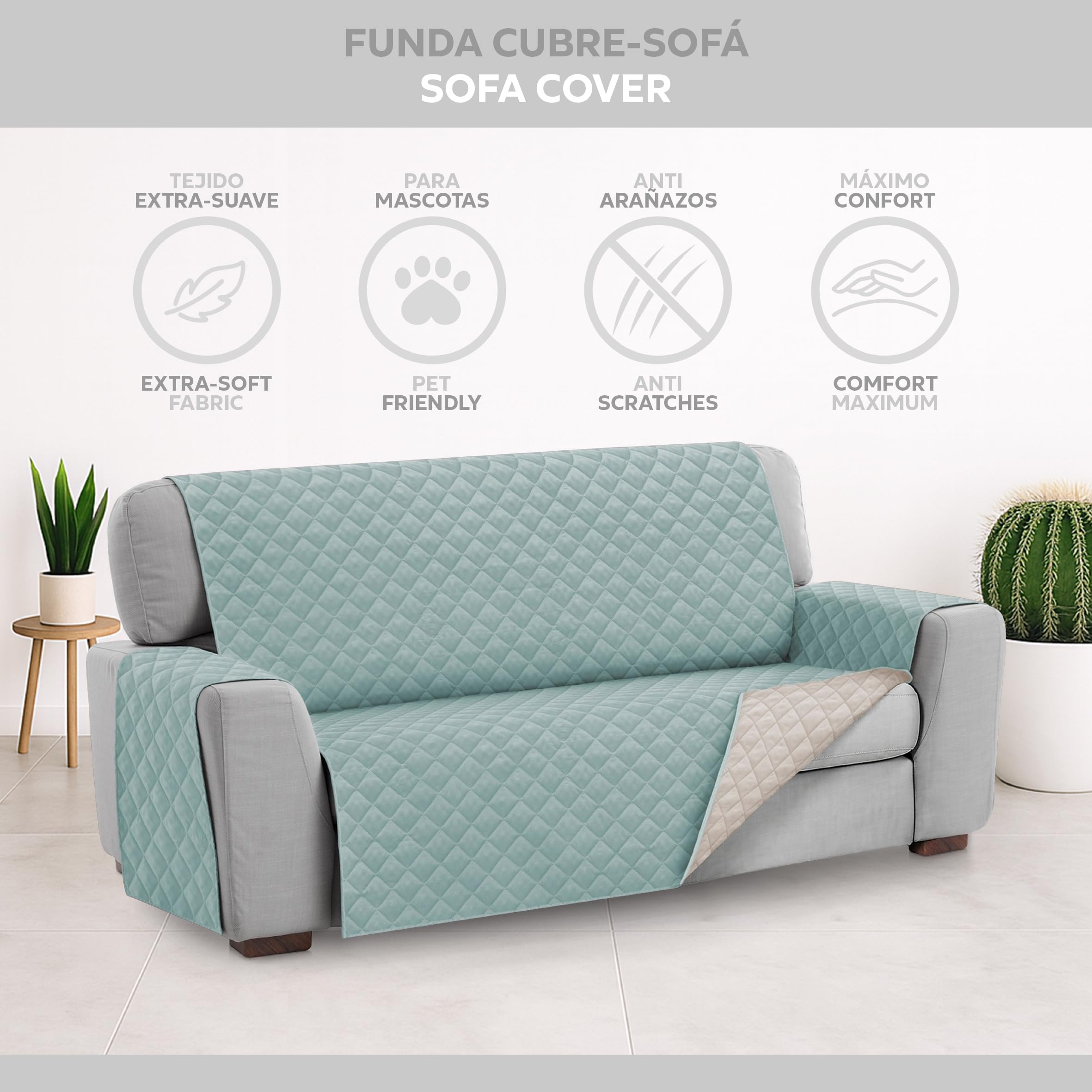 Textilhome Copridivano Malu 4 Posti (200cm) – Salvadivano Trapuntato Reversibile Universale, Protezione Antigraffio, Fodera Imbottita per Divano, Colore Acquamarine