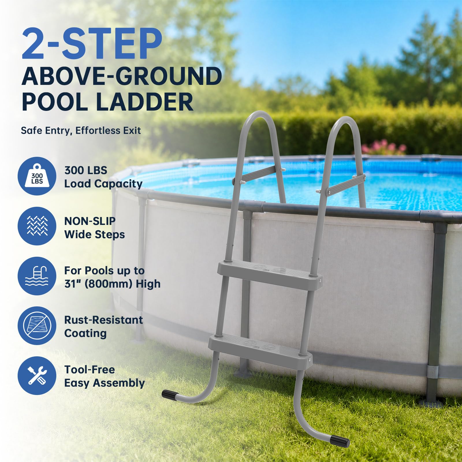 Condition photo showing As Is for 2-step pool ladders, above ground pool ladder with plastic anti-slip steps, 300 lbs heavy duty swimming step ladder for swimming pools under 31.49 inches