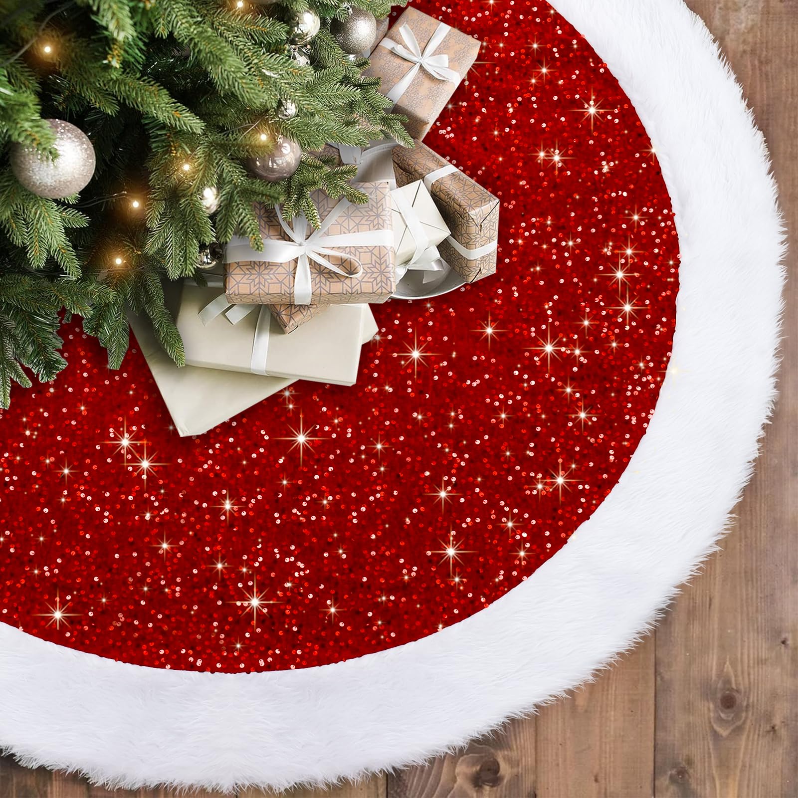 Dremisland Gonna per albero di Natale con paillettes, 91 cm, lussuosa gonna per albero di Natale in finta pelliccia, in velluto spesso, scintillante, decorazione per albero di Natale, vacanze,