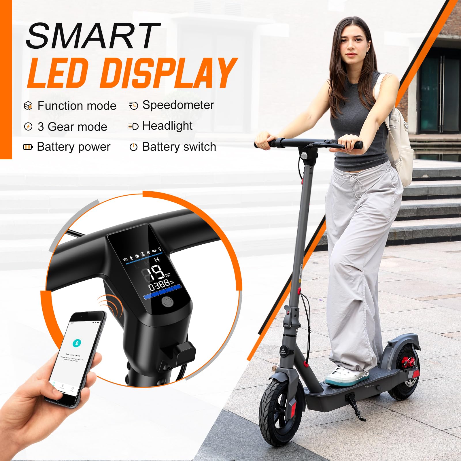 TST Electric Scooter for Adults, Top Speed 19 Mph Foldable E Scooter, Peak 500W Motor, Max 20 Miles Long Range,10'' Solid Tire, Aluminum Body Dual Braking APP Control (10