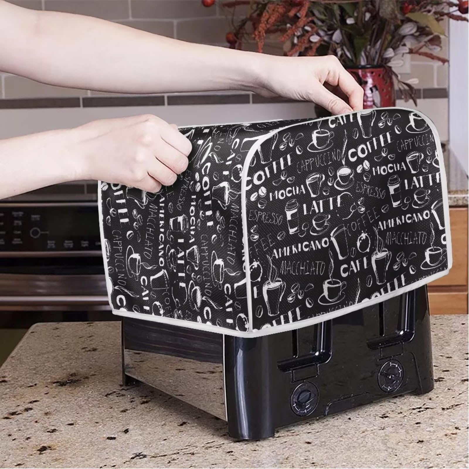JSLXYYBQ Black Coffee Print Toaster Cover - 2/4 Slice - Water Resistant - Spandex - Dust Cover for Toaster Oven & Bread Maker