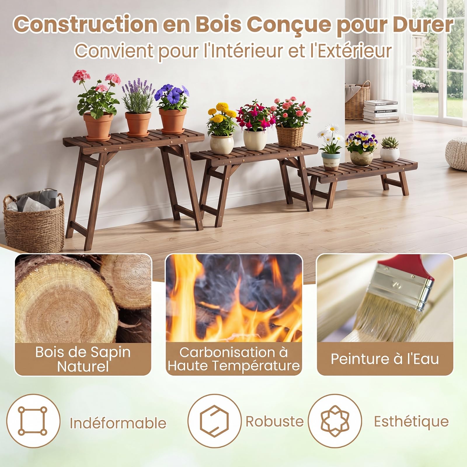 COSTWAY Étagère pour Plantes en Bois 3 Niveaux Indépendant Echelle Escalier Porte-Plante Longueur 70CM Charge 10KG par Niveau pour Jardin Terrasse Balcon