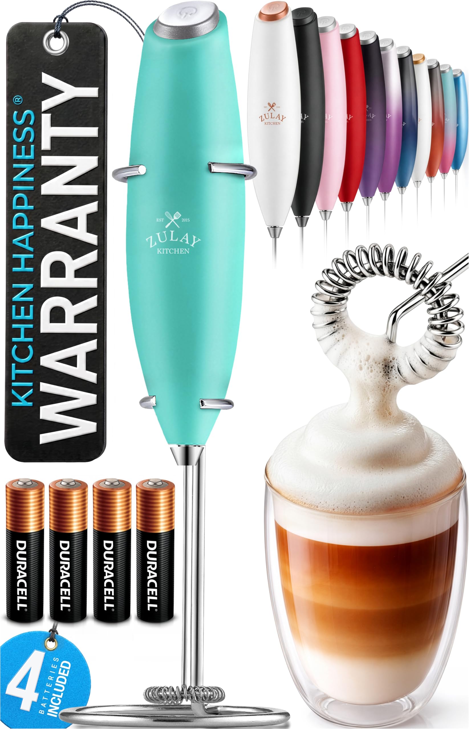 Zulay Kitchen Powerful Milk Frother Wand With Duracell Batteries - Ultra Fast Handheld Drink Mixer - Electric Whisk Foam Maker for Coffee, Lattes, Cappuccino &amp; Matcha - Z1 Motor - Aqua