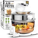 16Qt Extra Large Glass Air Fryer Non Toxic – Family Sized 4 in 1 Cooker with 3 Cooking Sections, Stainless Steel Racks for French Fries, Chicken, No Preheat, Self Cleaning, Dishwasher Safe