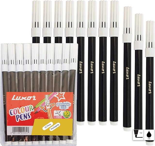 Luxor Washable Water Colour Pens Set Drawing Sketching Writing (10 x Felt Tip BLACK Pens + 3 x PATEL Black Ball Pens)