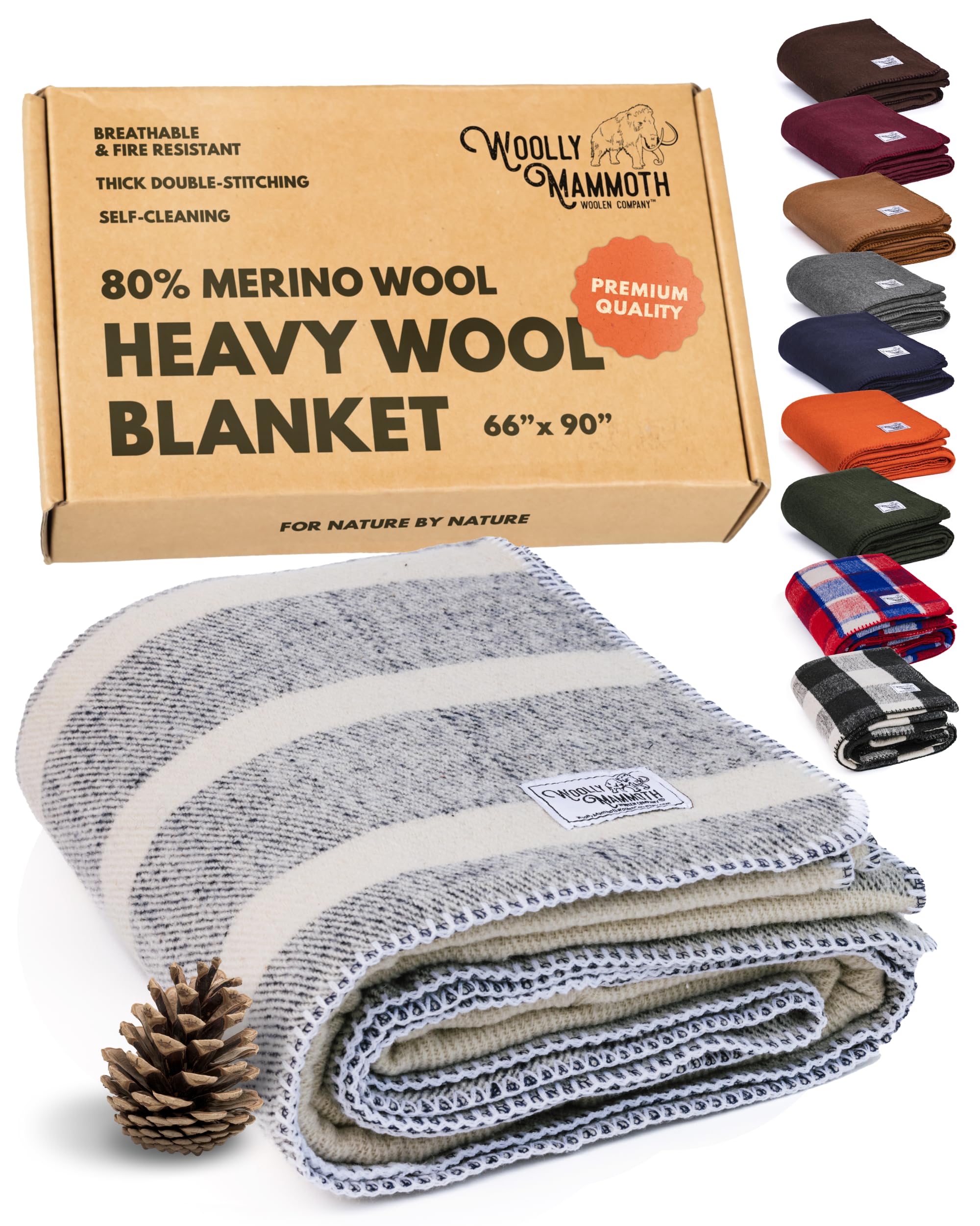 Woolly Mammoth Woolen Company Wool Blanket - 66 x 90 in, Navy & Cream Stripe, Farmhouse Style - Camping Blankets for Sleeping - Camping Gifts & Essentials