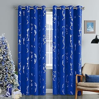 BUHUA Royal Blue Blackout Curtains Thermal Insulated Light Blocking Blackout Curtains with Silver Vine Pattern for Living Room 52W×63L Set of 2 Drapes