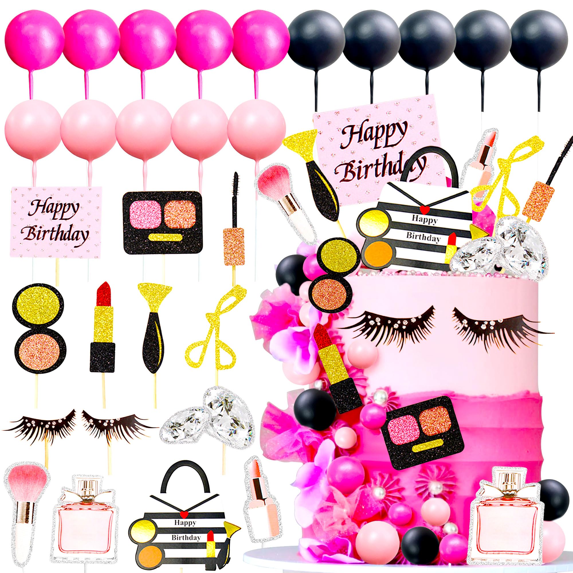 JeVenis Glamour Party Decorations - Pink Girl Birthday Cake Toppers with Balls, Palm Leaves & Spa Themes