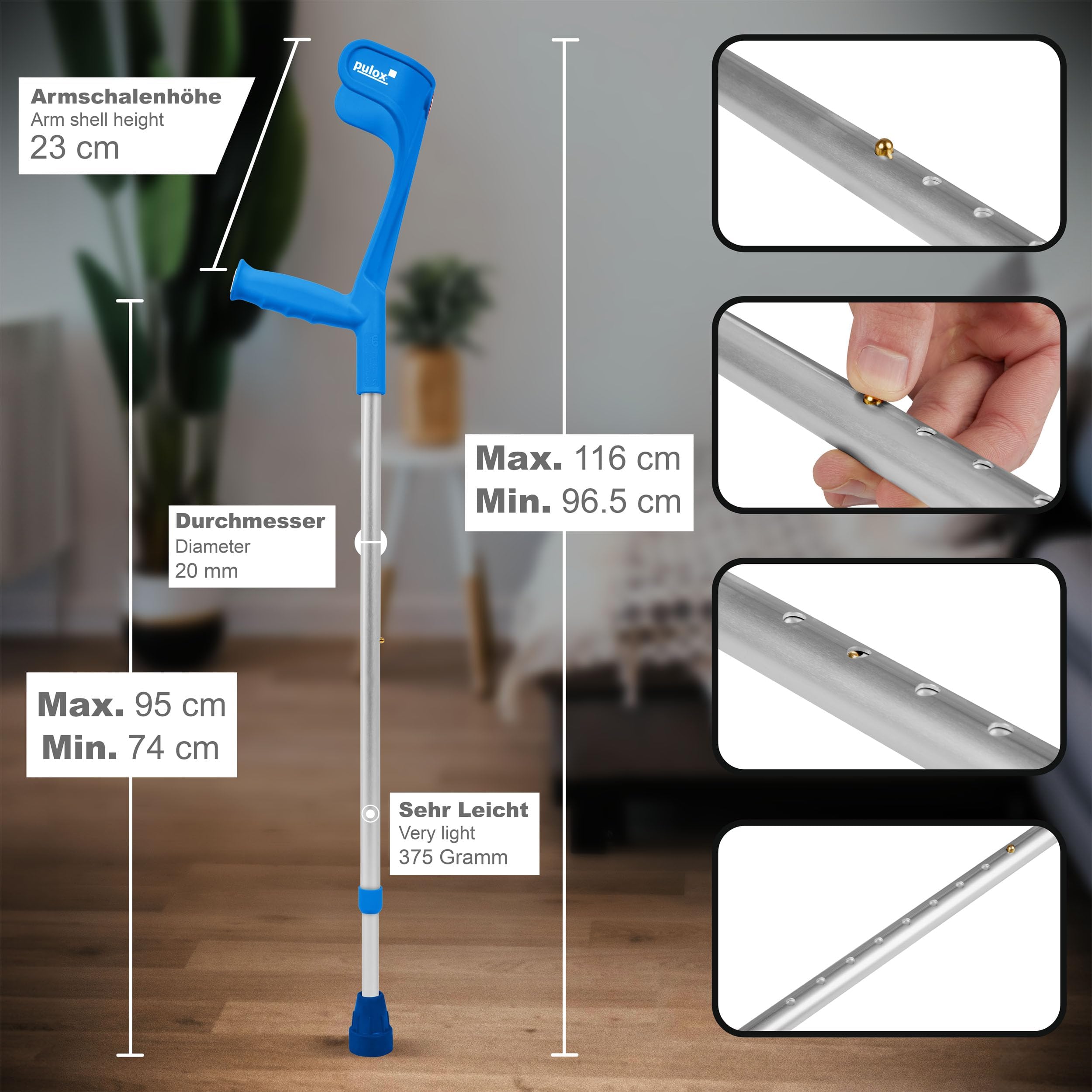 Pulox Unterarmgehstützen Blau 140 kg mit Ergo-Softgriff 1 Paar | Klassische Krücken von Ossenberg im Pulox-Design, Ergonomischer Softgriff für hohen Komfort und sicheren Halt