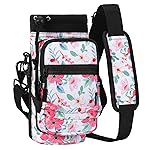 Nuovoware Water Bottle Carrier, 40oz Bottle Carrier Sports Water Bottle Holder with Adjustable Shoulder Strap, 2 Pockets Flask Sling Bag Drawstring Pouch for Climbing Hiking, Floral Pink