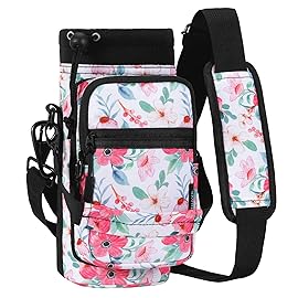 Nuovoware Water Bottle Carrier, 40oz Bottle Carrier Sports Water Bottle Holder with Adjustable Shoulder Strap, 2 Pockets Flask Sling Bag Drawstring Pouch for Climbing Hiking, Floral Pink