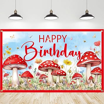 Mushroom Party Decoration Supplies - Happy Birthday Backdrop, Mushroom Photography Background for Mushroom Themed Party Supplies 71 * 43inches