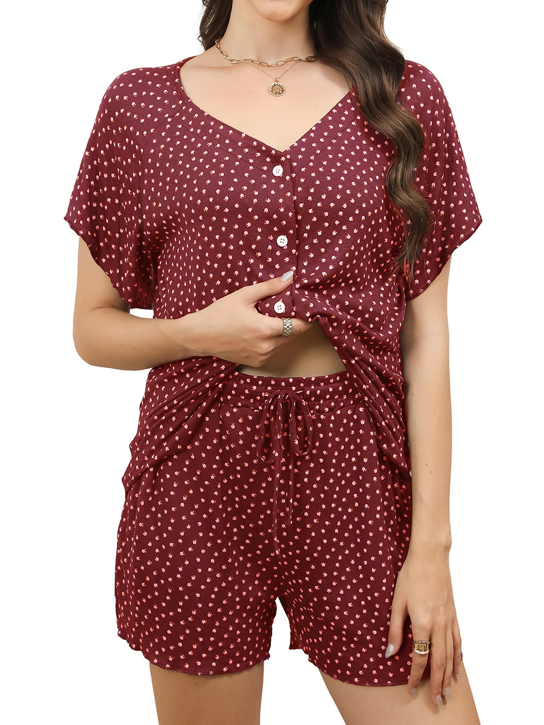 Reliwel Schlafanzug Damen Kurz mit Knopfleiste V-Ausschnitt Baumwolle Pyjama Set Shorty Loungewear Sleepwear Sommer Pijamas mit Shorts