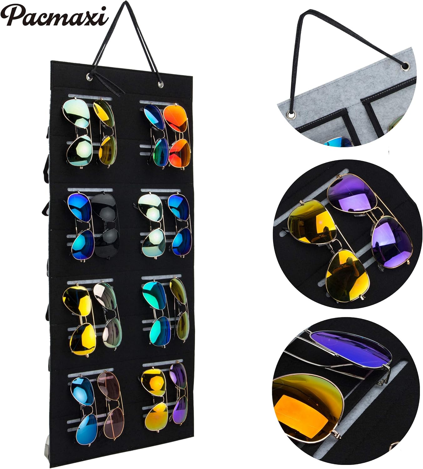 PACMAXI Sunglasses Organizer Storage 32 Slots Double Sided Glasses Storage Hanging Wall Display Pocket, Dust-Proof (Grey)