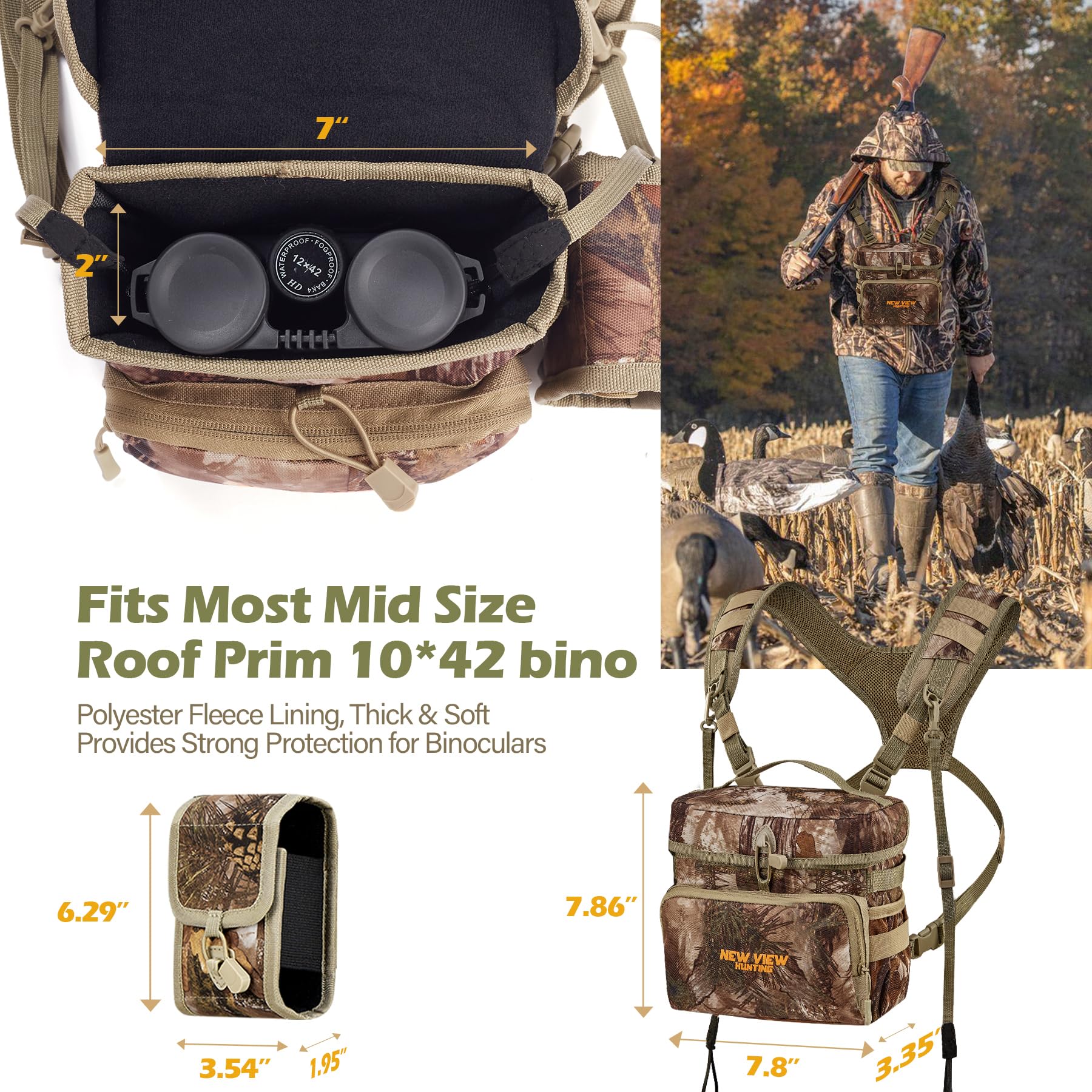 New View Harnais binoculaire avec sac de télémètre amovible, sangle bino réglable et protection contre la pluie – Idéal pour la chasse, la randonnée et l'observation des oiseaux, M