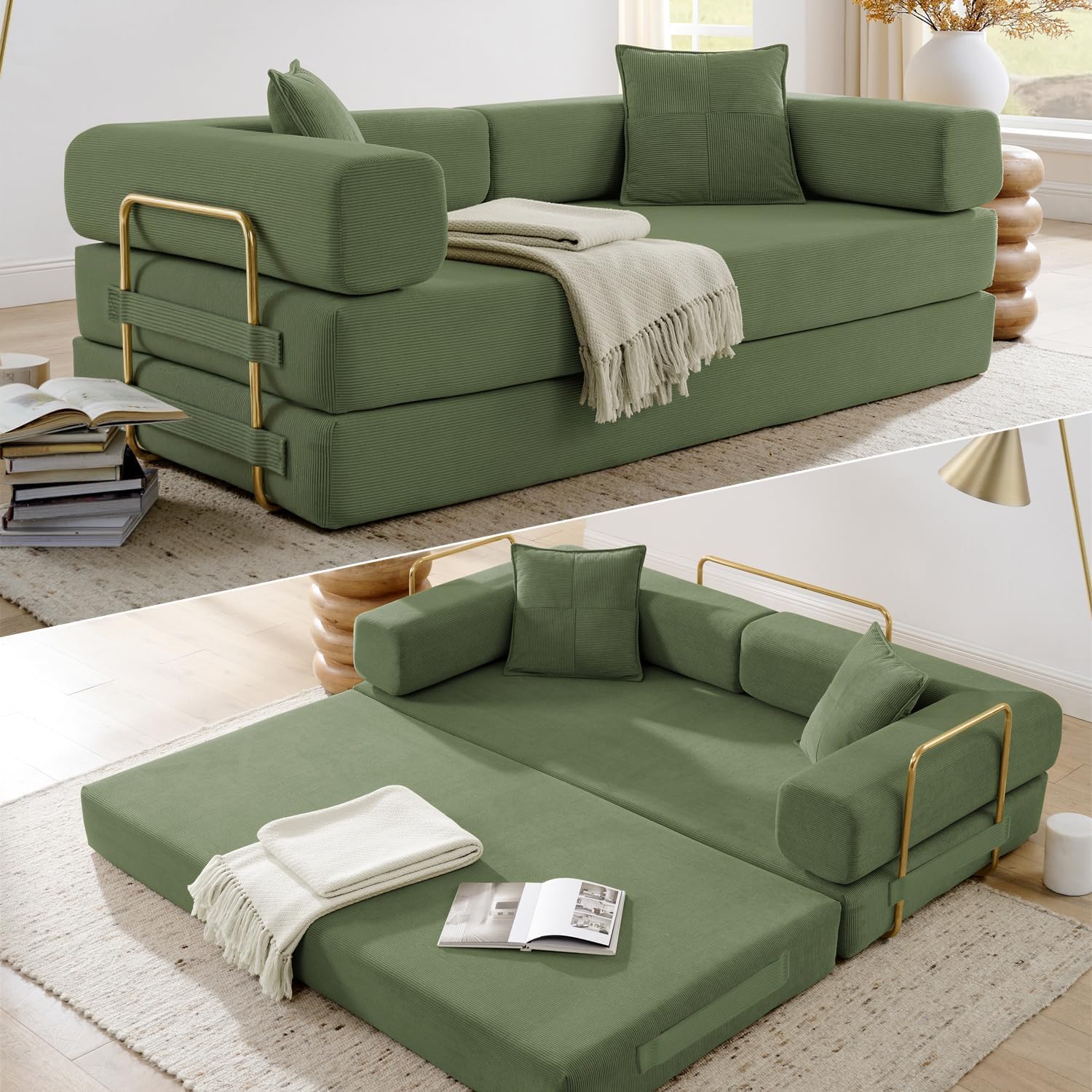 Convertible Folding Sofa Bed, Modern Futon Sleeper Sofa Fold Out Couch Bed with Gold Fixed Frame, Modular Floor Sofas Comfy Corduroy Boneless Couches for Living Room (78" Green)