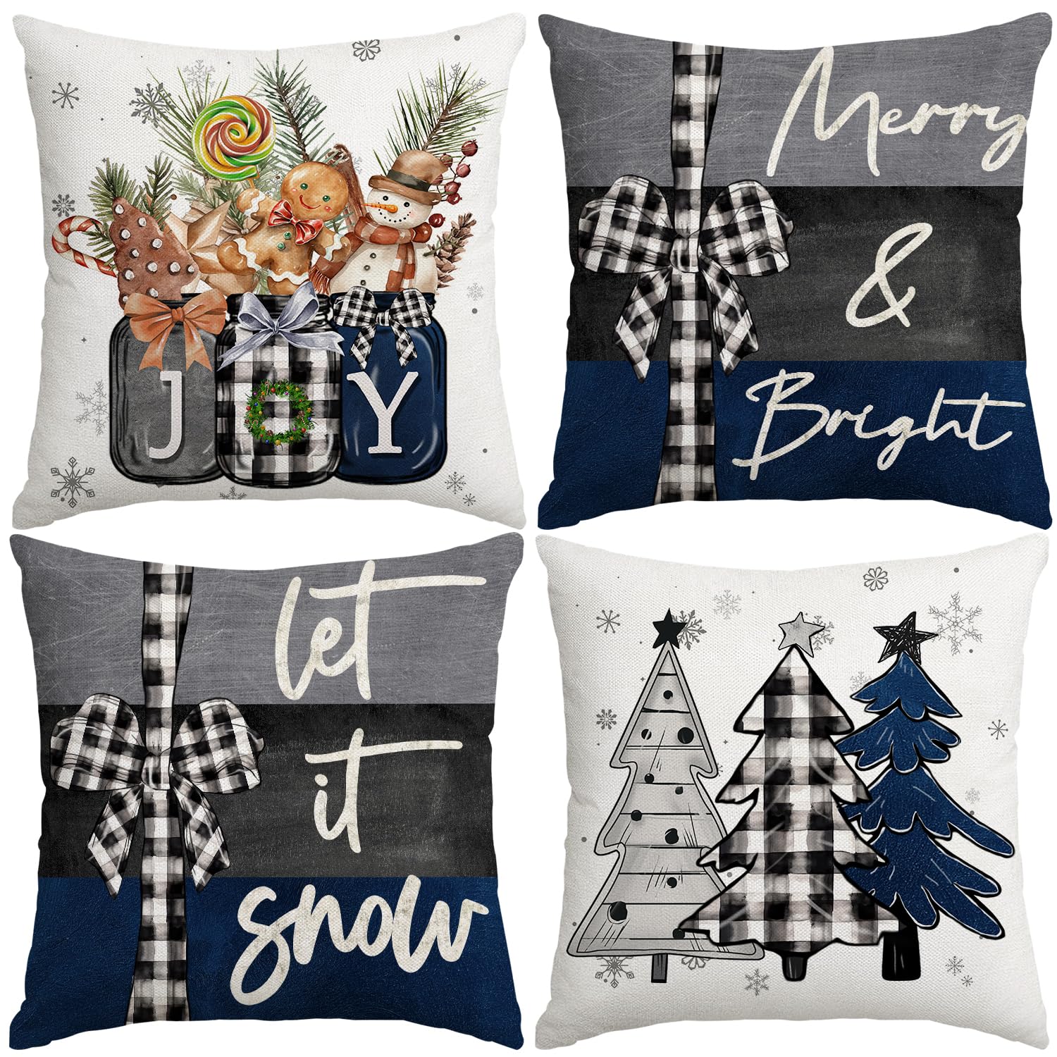 Set di 4 federe decorative per cuscini, motivo albero di Natale, fiocco