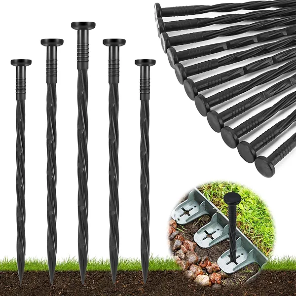 Garaook Landscape Edging Stakes, 100 Pcs 8" Plastic Garden Spikes, Spiral Nylon Anchoring Spikes for Paver Edging, Weed Barriers, Artificial Turf, Tent, Grass Pathway and More, Black