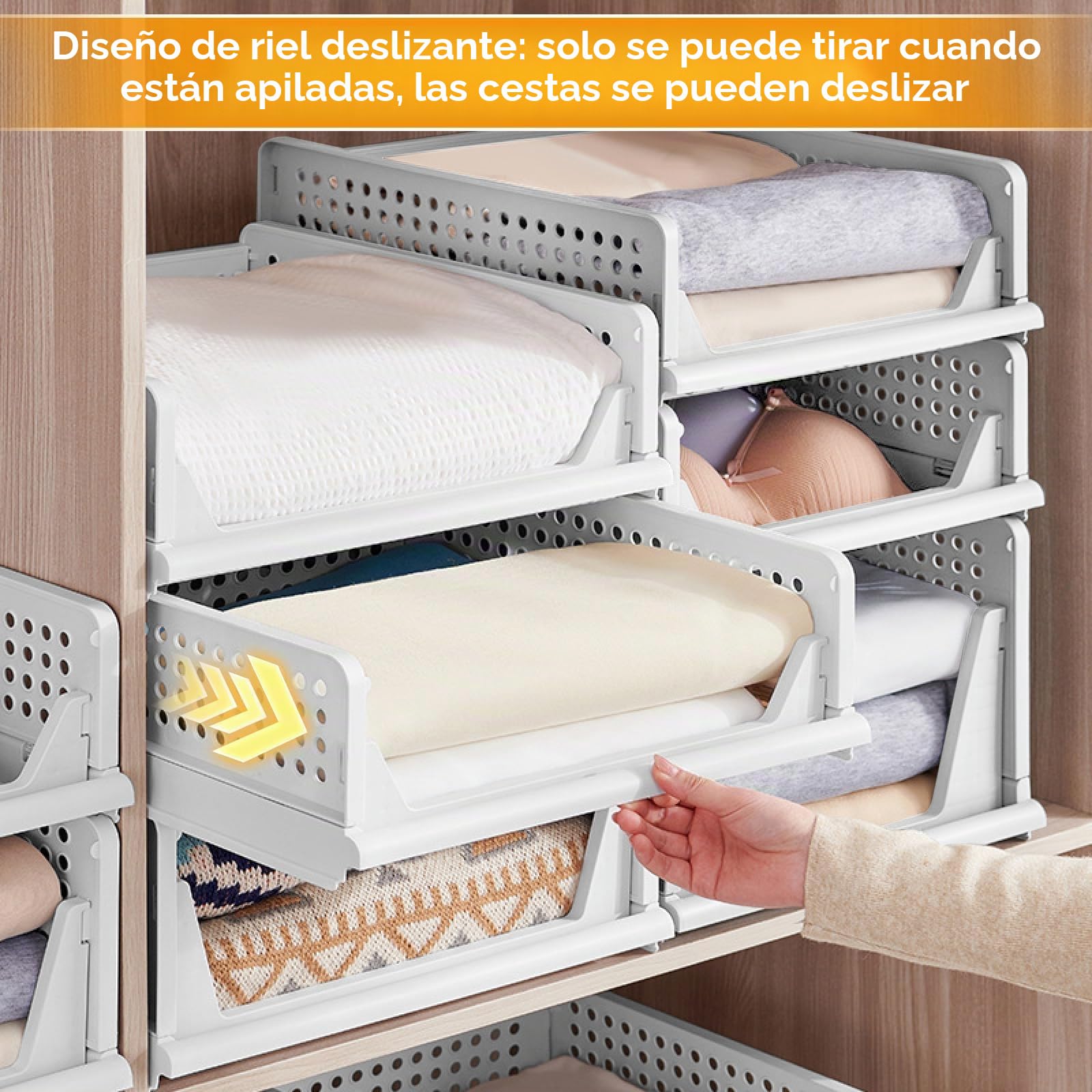 Organizador de almacenamiento para armario, 4 piezas cestas apilables grandes – 43x33,5x25cm, contenedores de almacenamiento de plástico para armario, hogar, oficina, lavandería, ropa