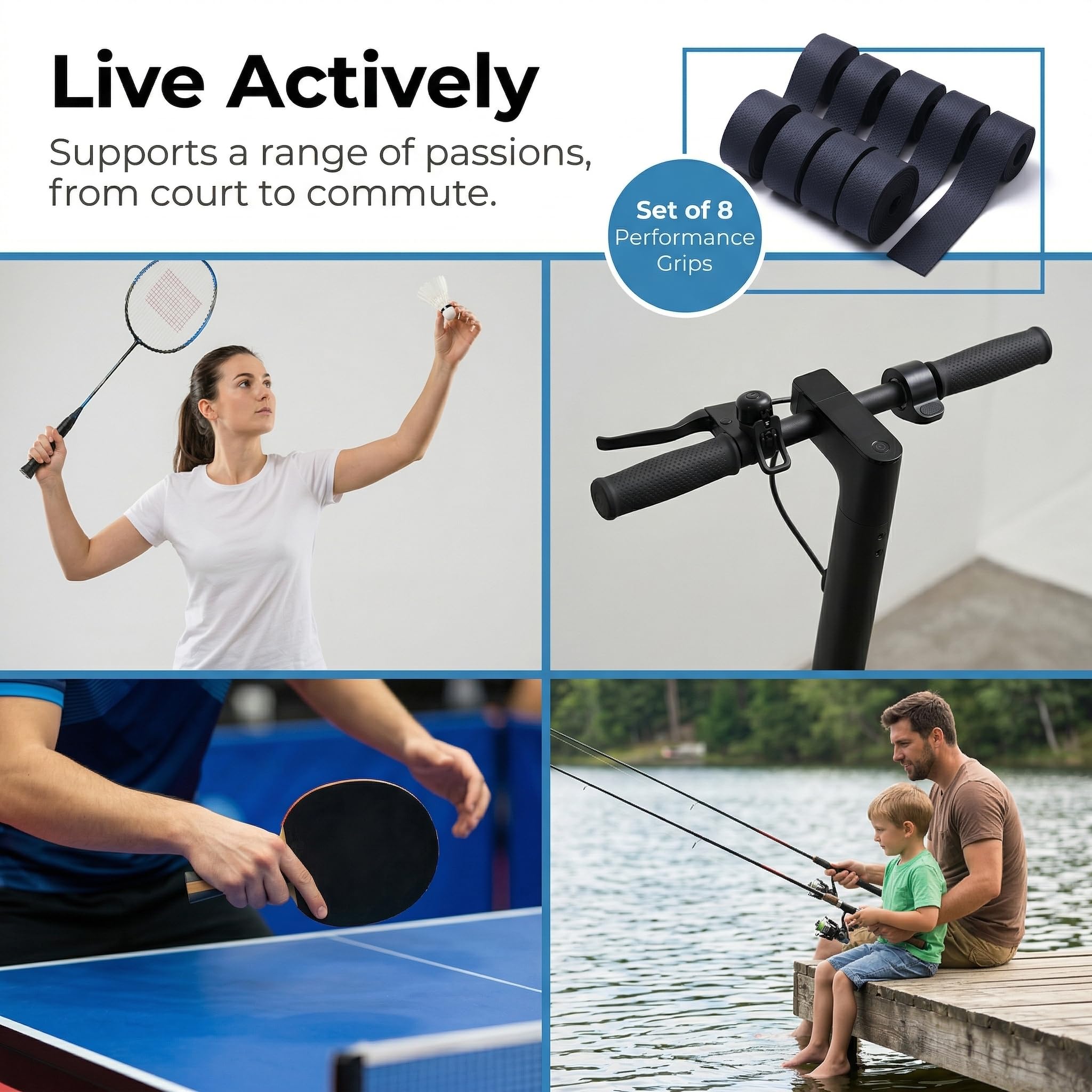 Grip Raquette Tennis, Grip Raquette Badminton et Surgrip Tennis en Matériau PU, Bande Antidérapante Raquette Squash et Grip Padel avec Absorption Transpiration, Ruban Noir de Sport 8 Pièces