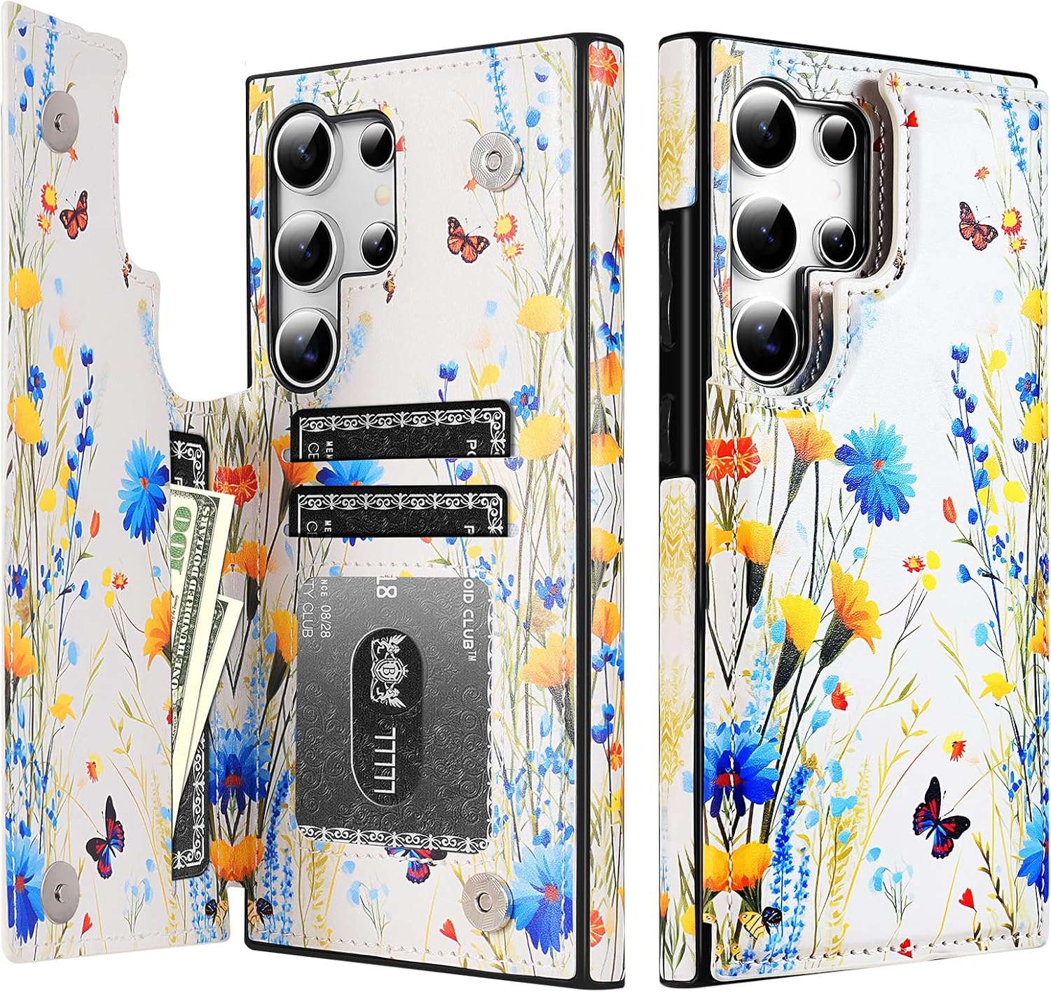 PASNEW for Samsung S24 Ultra Wallet Case with Card Holder,Double Magnetic Clasp Card Slots,Flower Back Flip Book PU Leather Protective Cover for Galaxy S24 Ultra Women Girl,Floral 6.8"