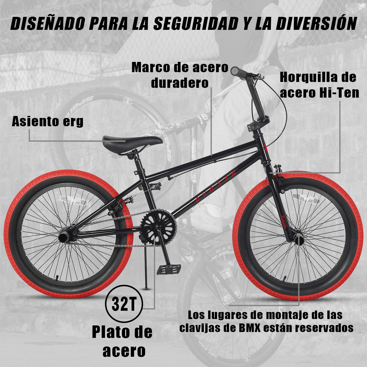 AVASTA 20 Pulgadas Freestyle niños BMX Bicicleta para 6 7 8 9 10 11 12 13 14 años niños niñas jóvenes Adultos y Pilotos de Nivel Principiante con 4 Peg, Negro con neumáticos