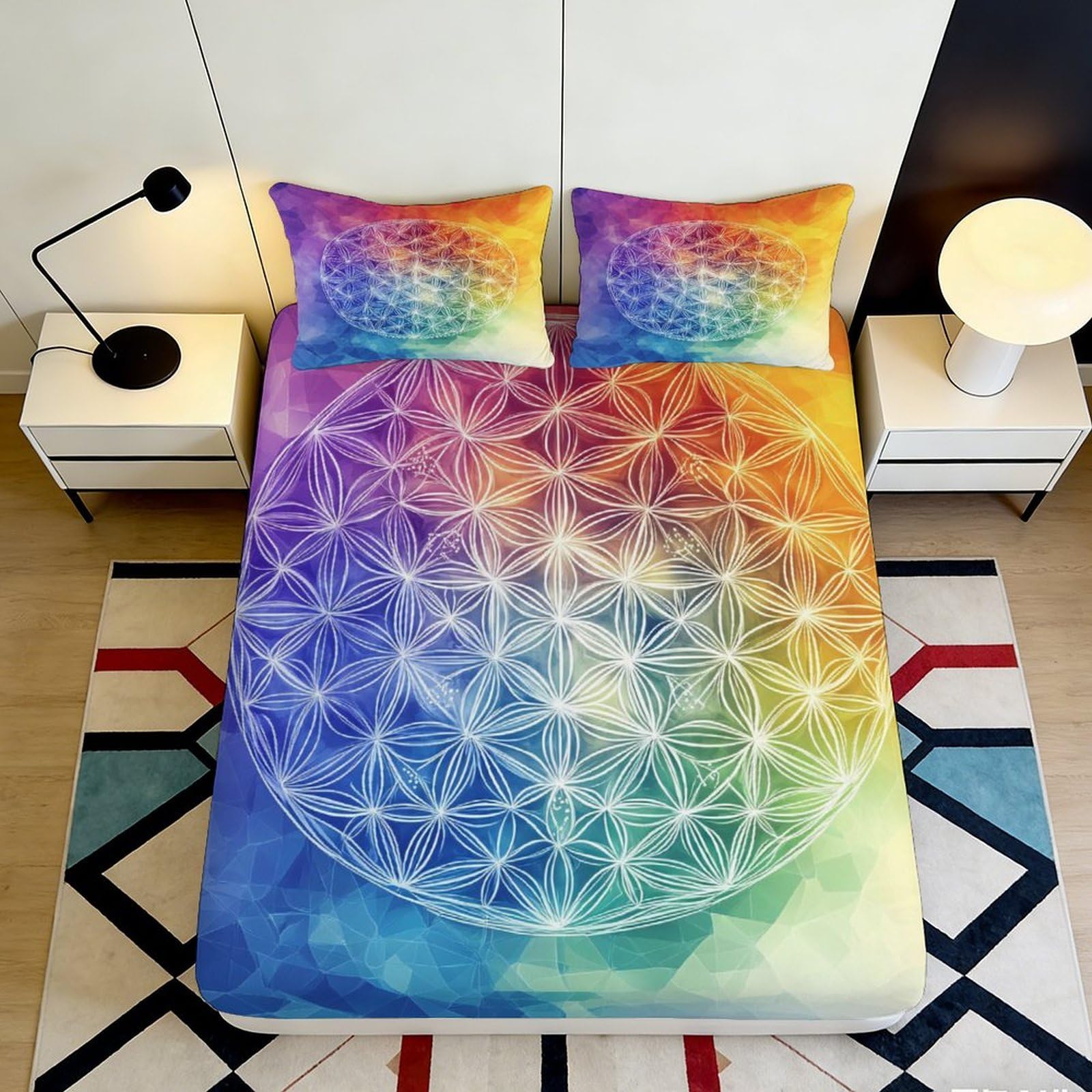 3D Printed Rainbow Geometry Fitted Sheet, Microfiber Soft Touch, Bed Cover for Bedroom, Guest Room, Wrinkle Resistant, Apartment Bedding, Easy Care, 120x200x25cm