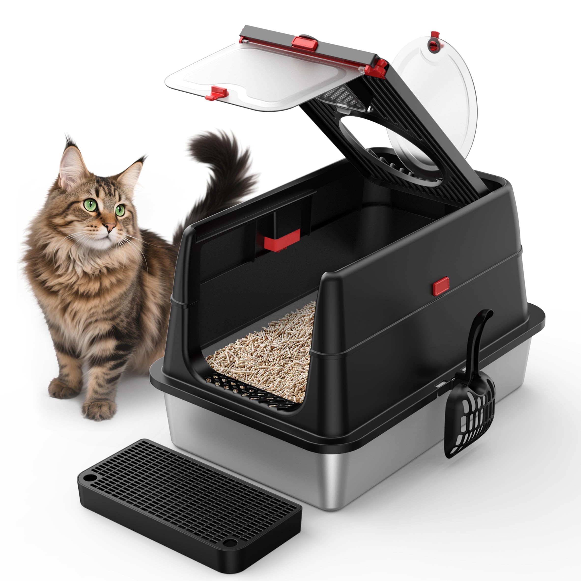 Stainless Steel Cat Litter Box: Enclosed Cat Litter Boxes with Lid - Extra Large Metal Kitty Litterbox with High Sides Top Entry XL Litter Pan Tray for Big Cats Anti-Leakage