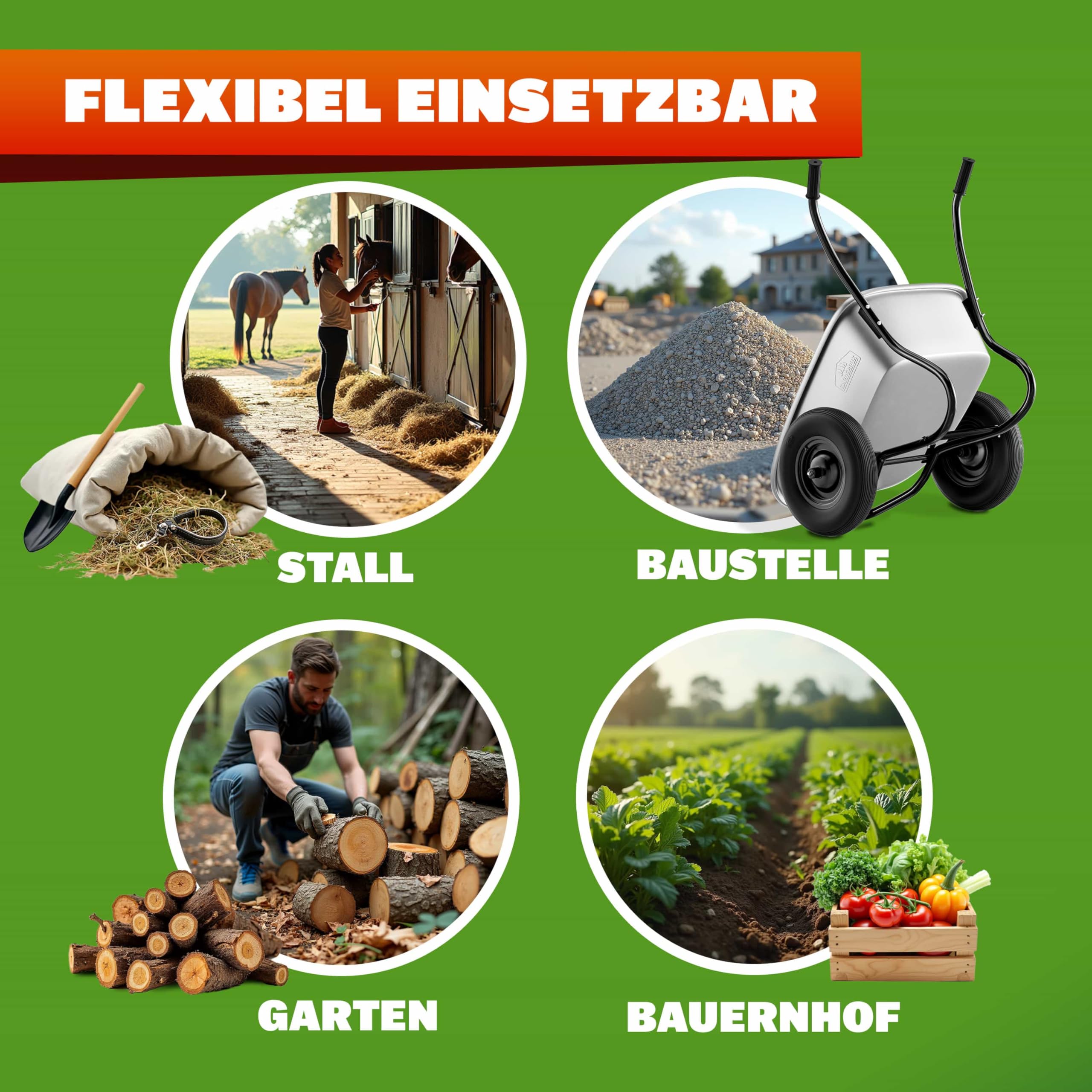 GARDEBRUK Schubkarre 2 Rad 150kg 100L Stahlfelge 2 Luftreifen Autoventil Gleitlager