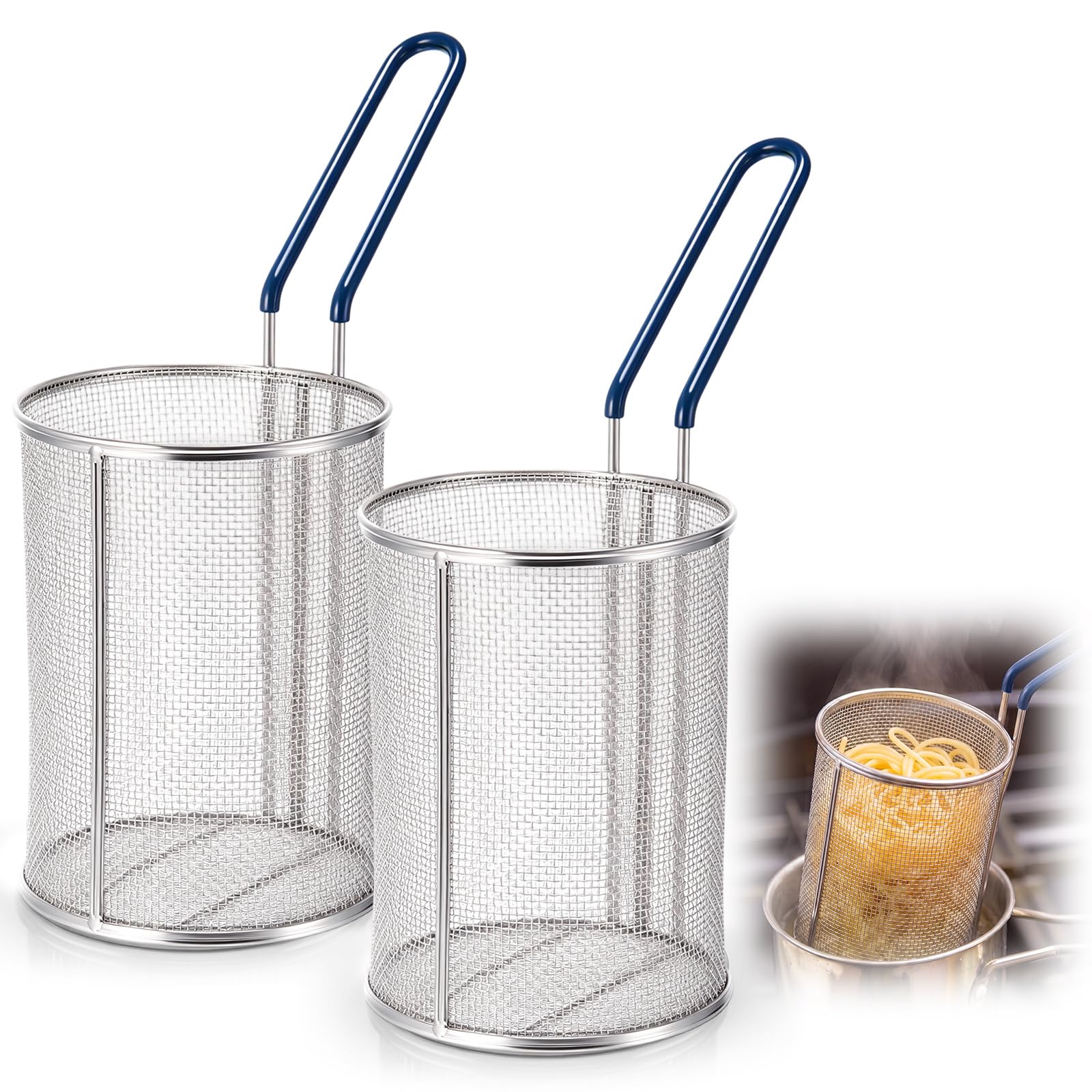 Blulu 2 Pack Stainless Steel Pasta Strainer Baskets 6.5" D x 7" H, Blue