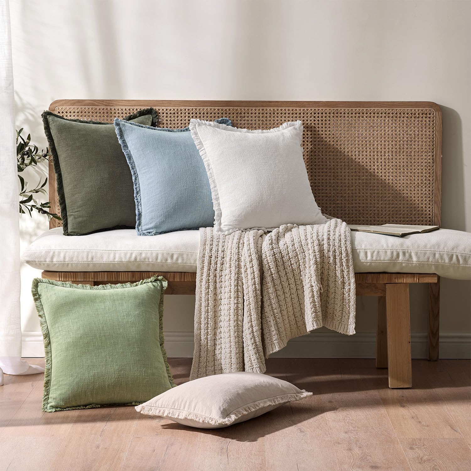 ANRODUO Set of 2 Decorative Throw Pillow Covers 18×18 Inch Soft Linen Fringe Farmhouse Boho Vintage Cushion Covers with Tassels Accent Pillowcase for Couch Sofa Bed Living Room Decor Light Olive Green