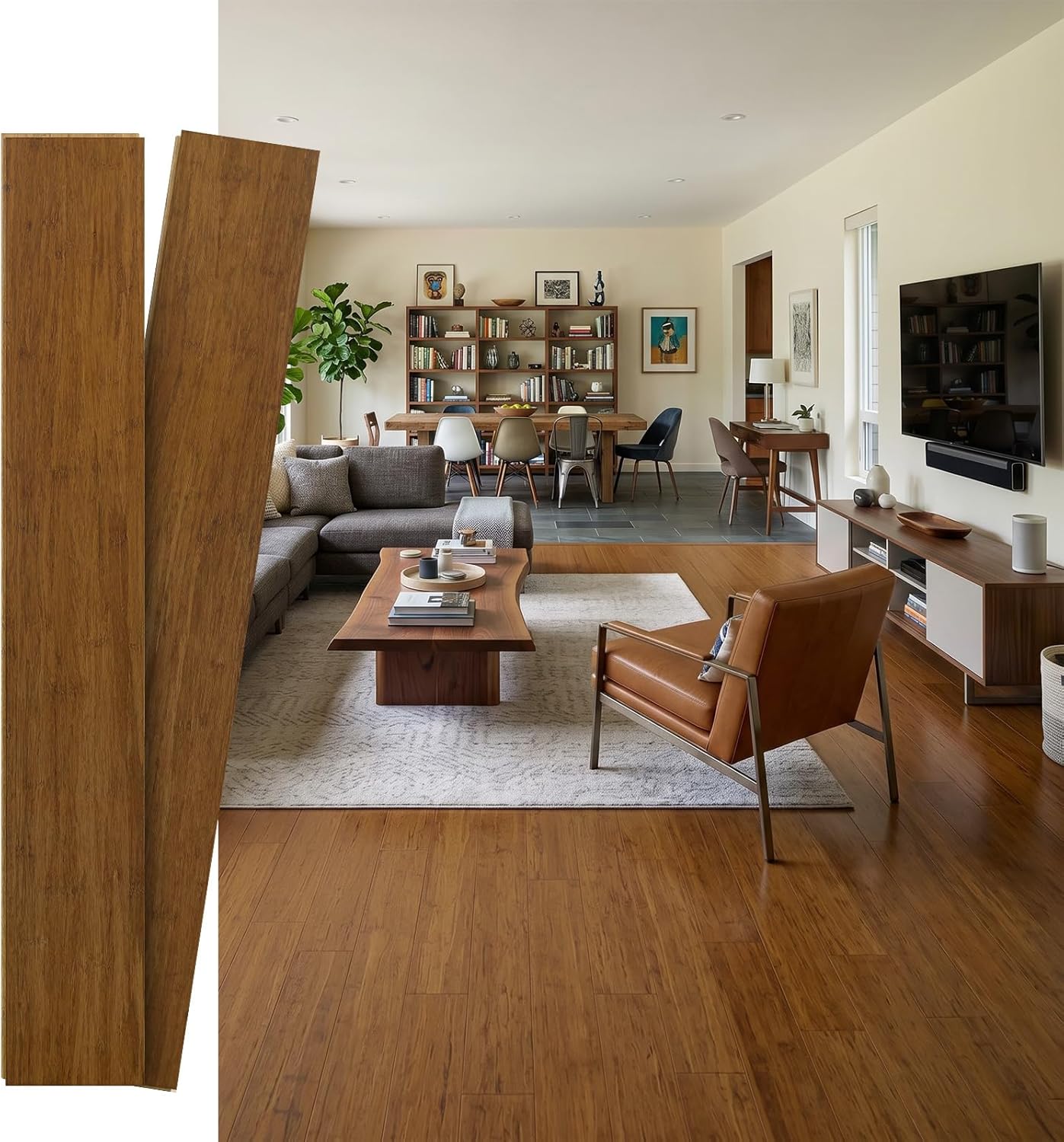 Carbonized Solid Strand Woven Bamboo Flooring 36.22” W X 5.2” L X 0.47” H Wood Texture Wear-Resistant, Moisture-Proof Tongue and Groove Bamboo Floor (14 Pieces/Box,18.3 Sq.Ft)