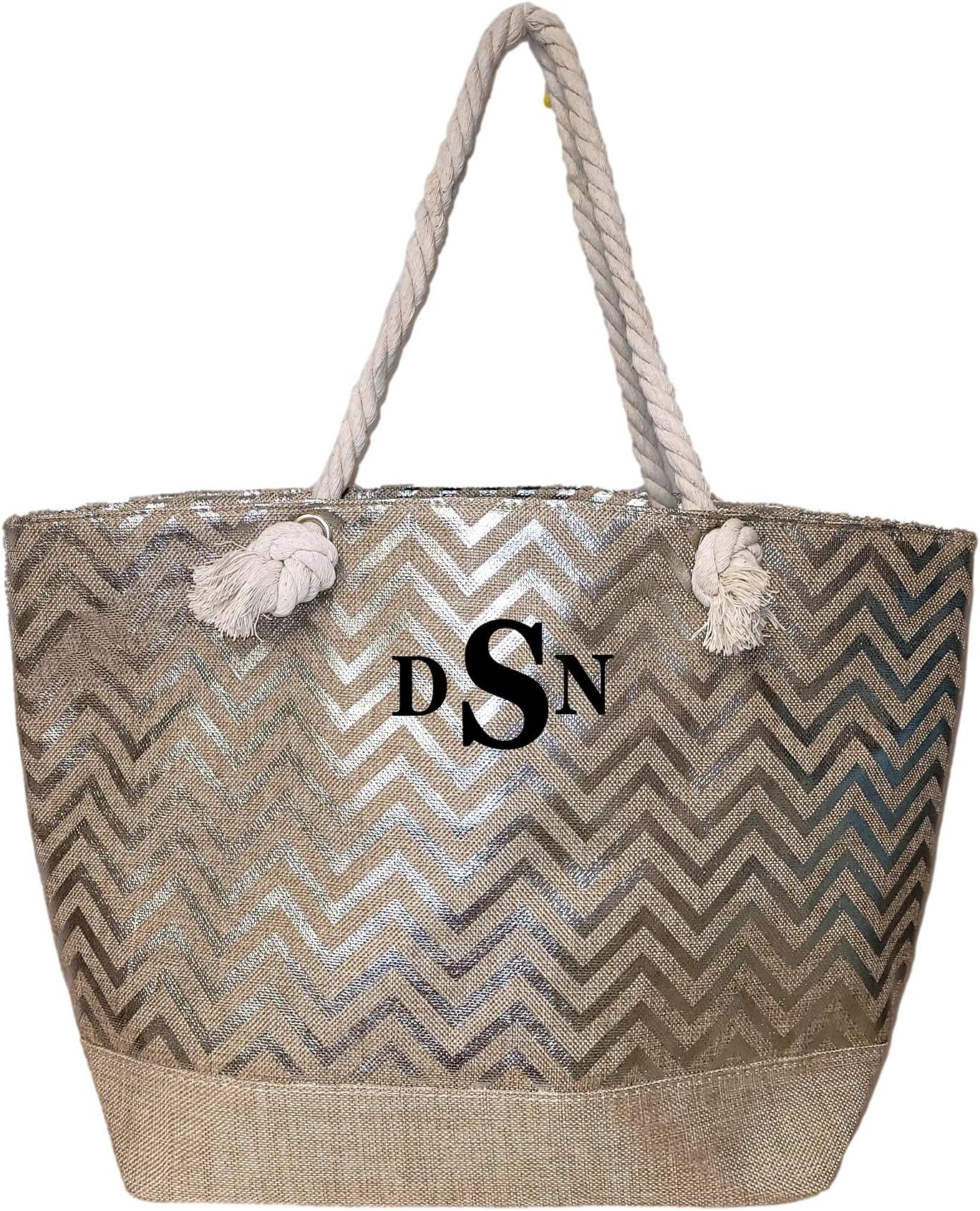 SONA G DESIGNSLarge Women Metallic Print Tote Beach Bag with Zipper Top - Can be Personalized with Initial, Monogram or Name, Silver Chevron With Embroidered Monogram, X-Large