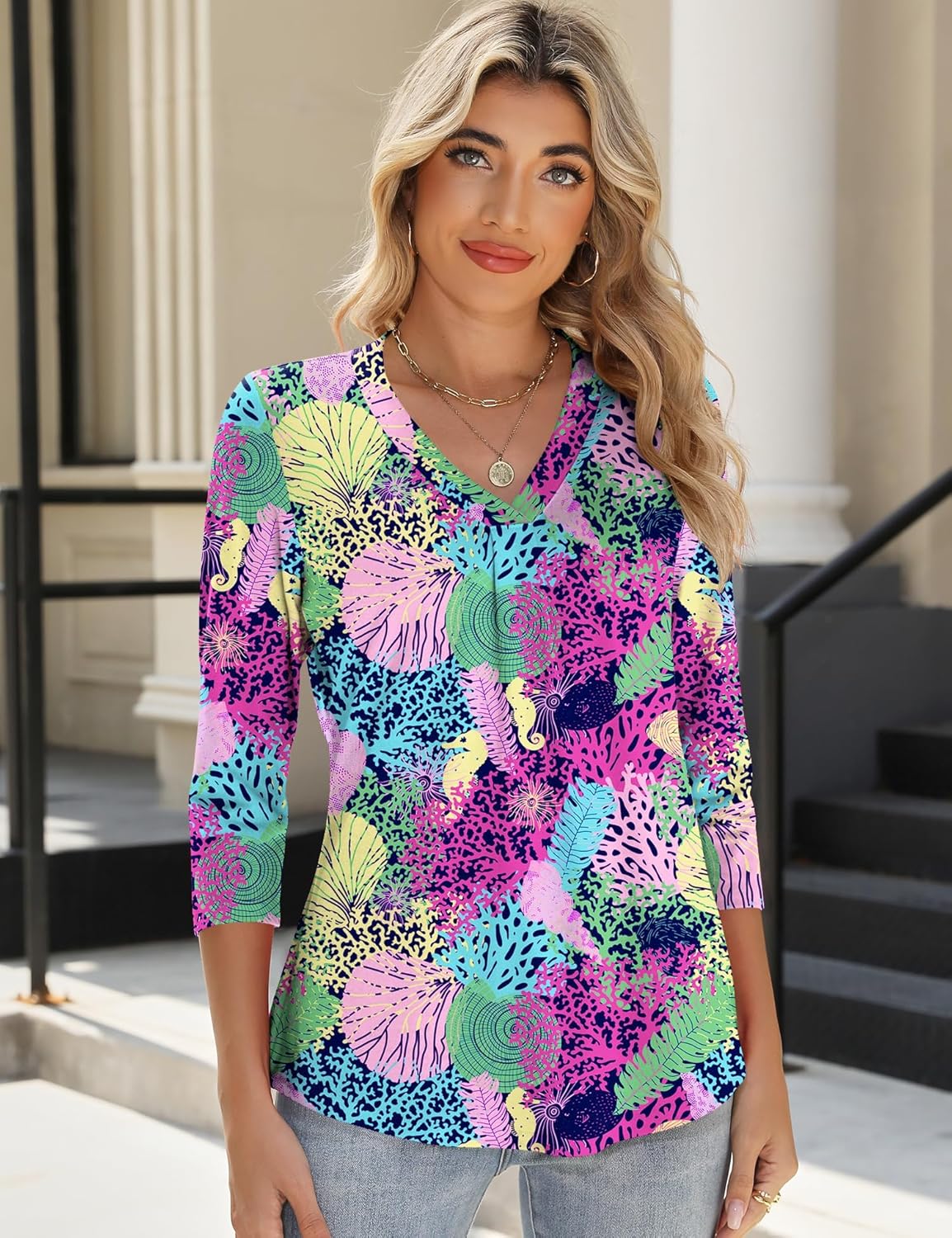 AKEWEI 3/4 Length Sleeve Womens Tops V Neck T Shirts Dressy Casual Pleated Spring Fashion 2026 Work Blouses - Image 4