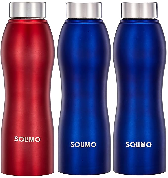 Solimo Stainless Steel Water Bottles | Set of 3 | Spill-Proof | Ergonomic | Refrigerator, Freezer and Dishwasher Safe | 1 L | Red, Blue