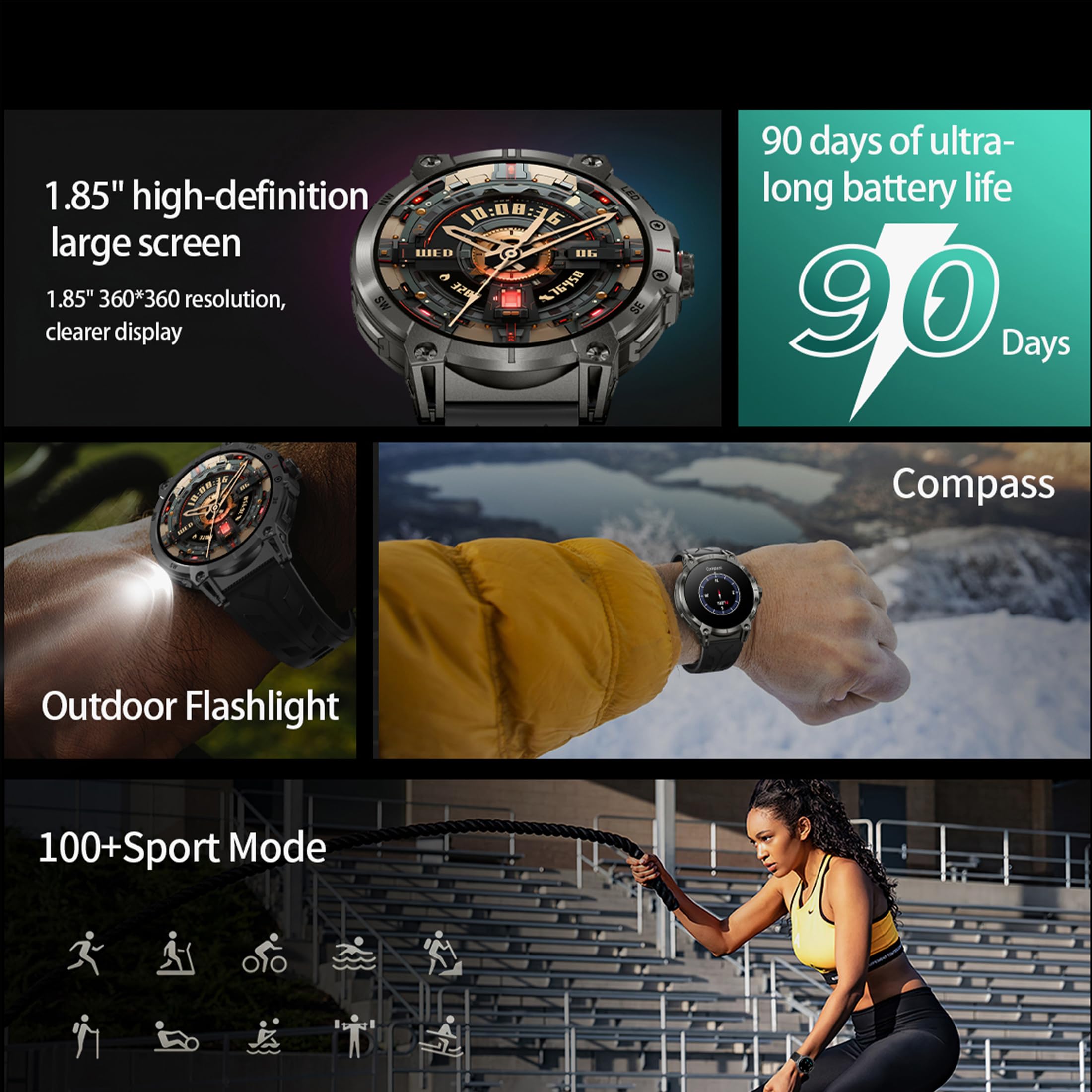 AMOLED Montre connectée pour homme avec fonction téléphone, lampe de poche, 5 ATM, 123 modes sportifs, moniteur de pression artérielle, podomètre, montre pour iOS