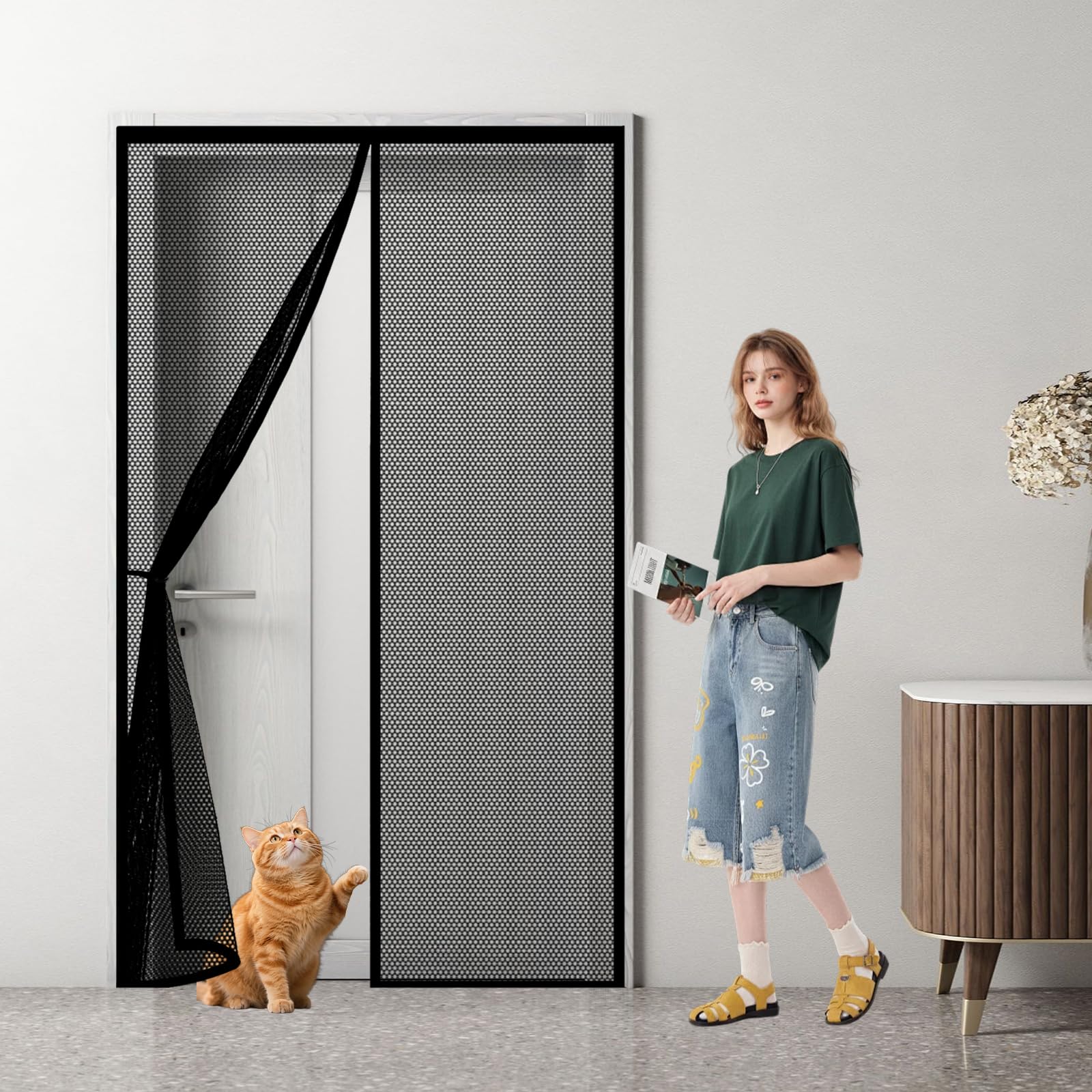 Magnetic Screen Door 170 x 264 cm Keep Bugs Out, Full Frame Magic Tape, Powerful Magnets, Self Sealing, No Drill Installation, Heavy Duty Door Screen for Balcony Bedroom Doors, Black