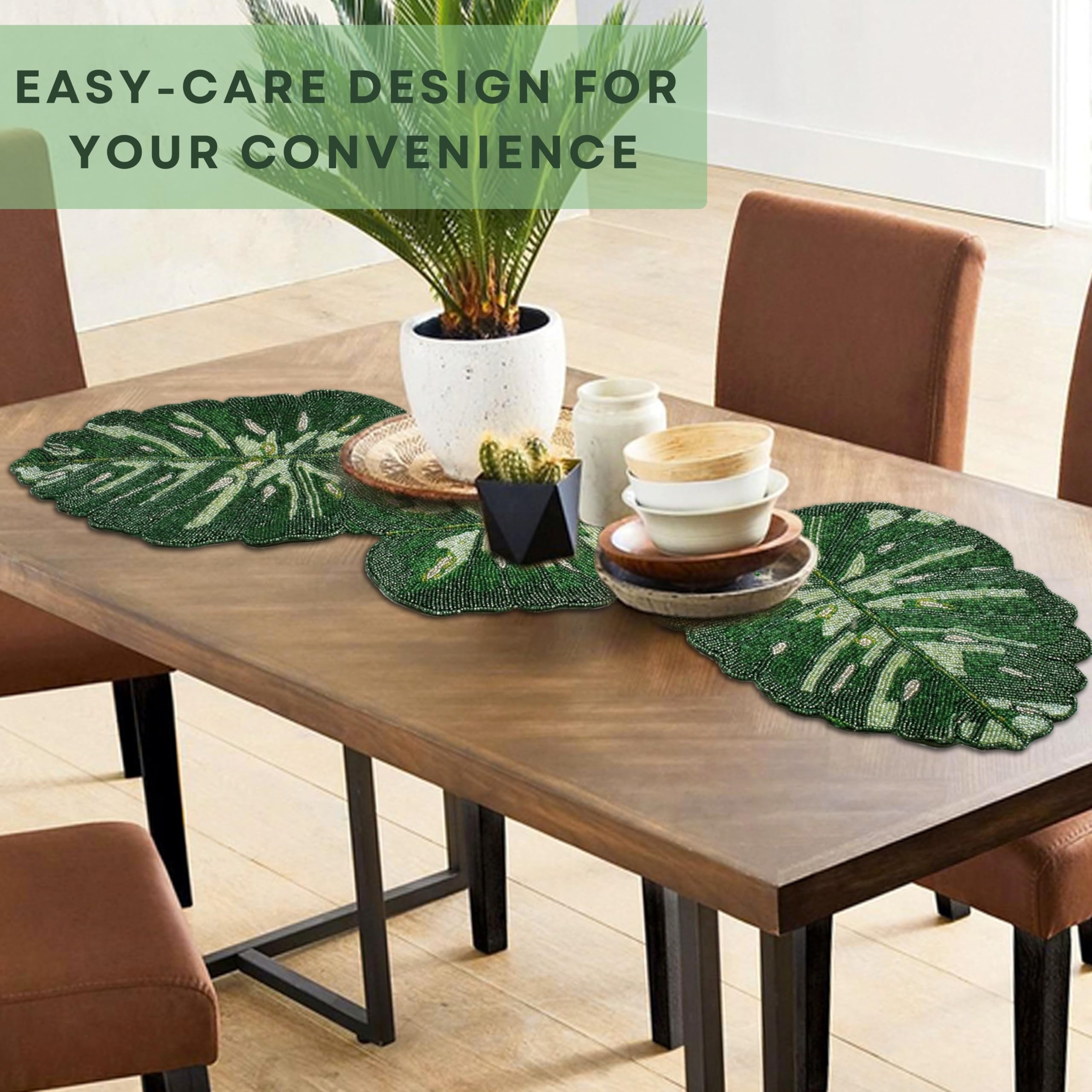 Hand Beaded Table Décor - Elegant Bead & Polyester Beaded Runner 13x36 for Dining Table, Wedding, Party, Holiday Decor - Floral Embroidery, Decorative Glass Beads Mat (Green) - ALPHA Living HOME