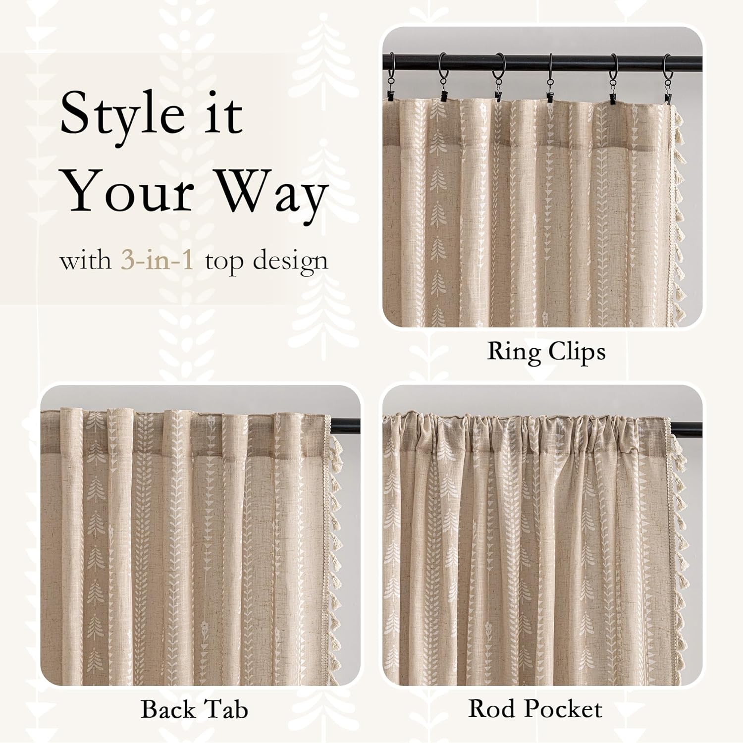 MEETSKY Boho Curtains 84 inch Long - Farmhouse Sping Linen Blend Patterned Light Filtering Khaki Curtains for Bedroom Living Room with Tassels, Back Tab, 50" Wide Each Panel, 2 Panels