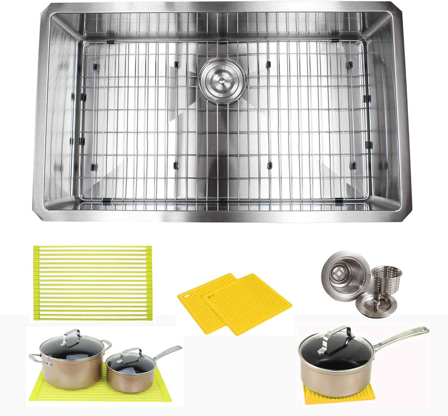 Premium 32 Inch Stainless Steel Kitchen Bar Sink Package - 16 Gauge Undermount Single Bowl Basin - Complete Sink Pack + Bonus Kitchen Accessories - Ideal For Home Improvement, Renovation
