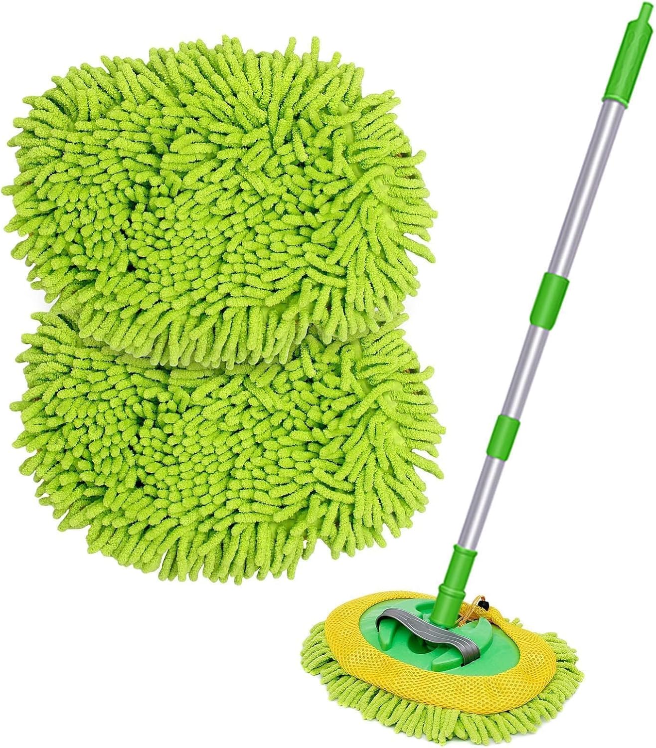 47" Car Wash Brush Mop Cleaning Tool with Long Handle Kit for Washing Detail Car Truck, SUV, RV, Trailer, Boat 2 in 1 Chenille Microfiber Sponge Duster, Paint Scratch Free