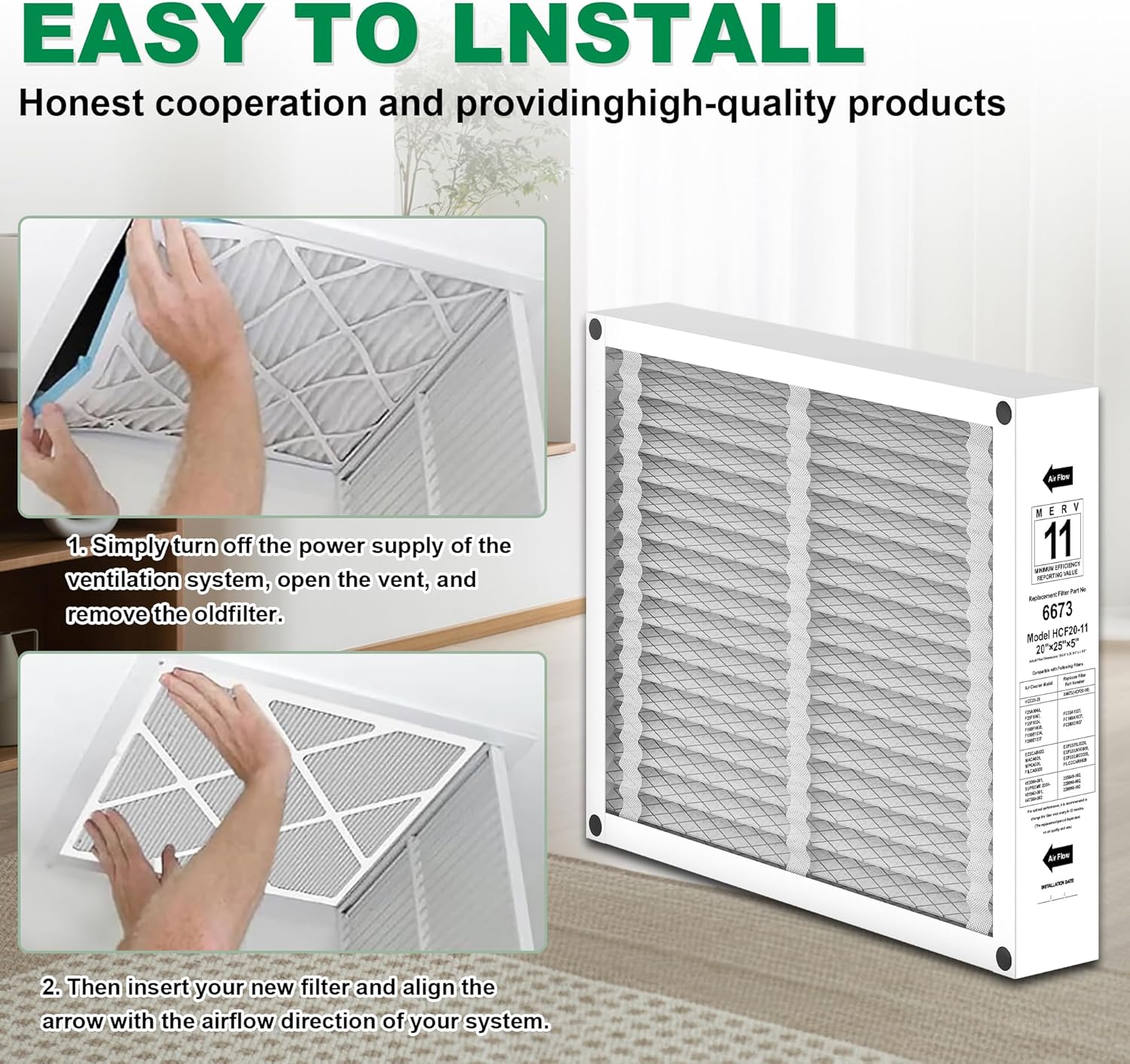 X6673 20x25x5 Foldable Air Filter MERV 11 Compatible with Lennox X6673 X6661 X0586 Furnace HVAC System, Replaces Part # HCC20-28, 2 PACK