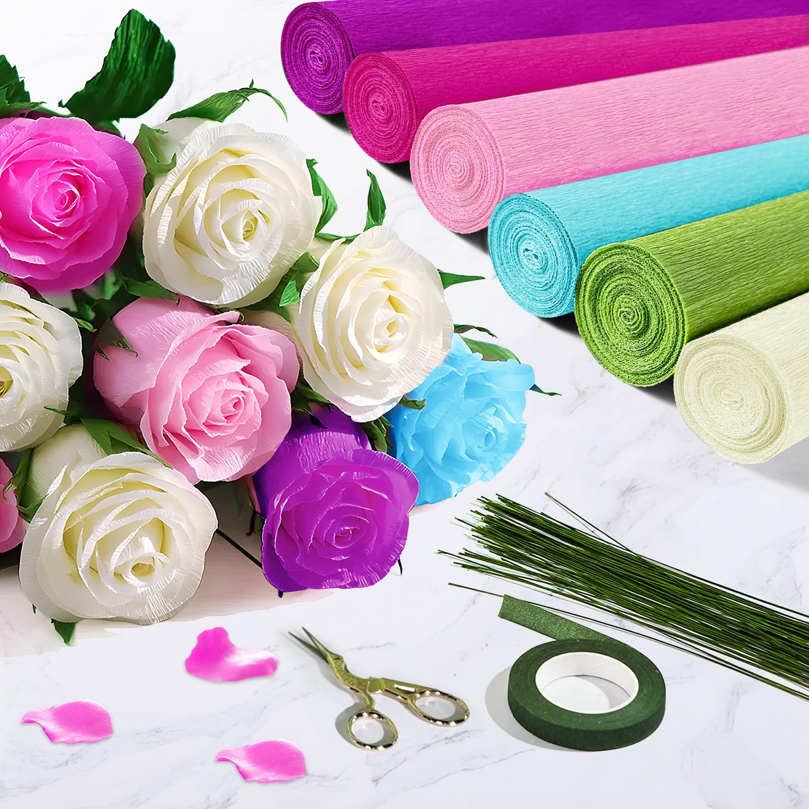 AIMEKE 10 Rollos Papel Crepé Multicolor - 25x250 Cm Cada Uno, Incluye Alambre Para Flores Y Cintas, Ideal Manualidades, Decoración Fiestas