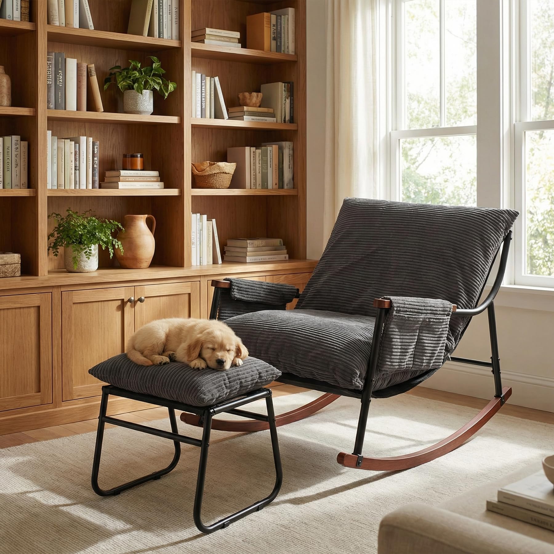 Fauteuil à Bascule Allaitement avec Repose Pieds, Poche latérale, Accoudoirs et Bases en Bois, Rocking Chair pour Salon, Chambre, Balcon, Chambre Bebe,Nursery, Tissu rayé, Marron