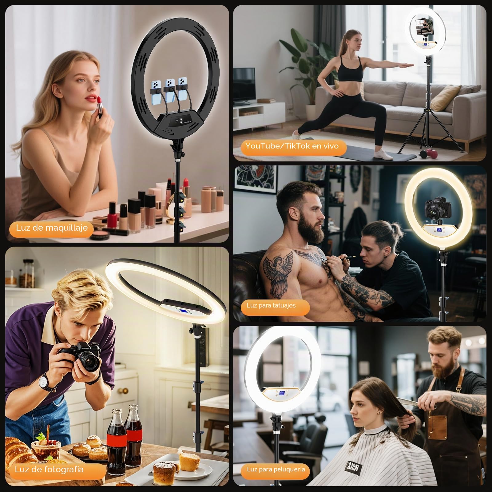 MACTREM Aro Luz LED 22" Profesional 190cm/75 Trípode Regulable Tatuaje | 50W 6500K, Para Tablet Teléfono, Pestañas, Maquillaje, En Directo, Grabación Vídeo, TikTok, Fotografía
