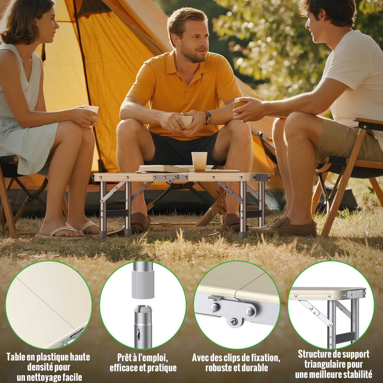 GARLLEN Table de Camping imperméable avec Plateau en Plastique Haute densité, Table de Pique-Nique Pliable Portable avec 3 hauteurs réglables, Cadre en Aluminium, Table d'extérieur pour Barbecue | Table Pliante Exterieur à 3 Hauteurs Réglables,Table de Pi