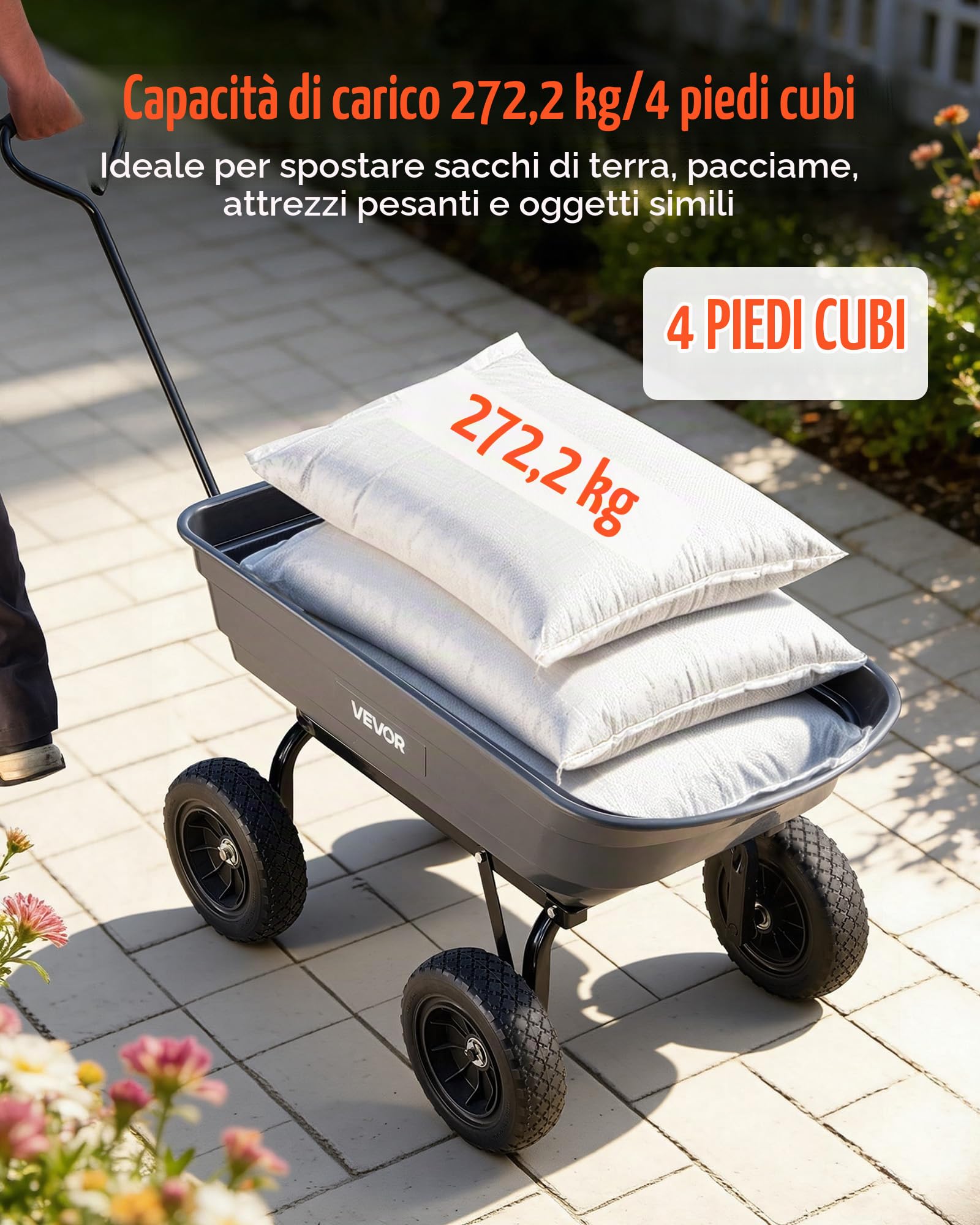 VEVOR Carrello da Giardino Ribaltabile a Mano Carico di 272 kg, con Meccanismo di Scarico Rapido, Ruote Girevoli, Cuscinetti Rotanti Flessibili, Carrello da Giardino per Piante, Terreno, Colture