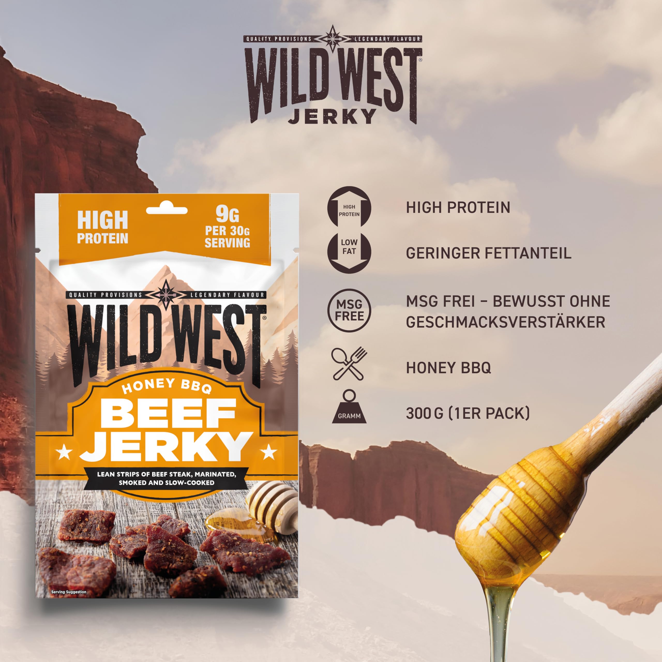 Wild West Beef Jerky, 300g Honey BBQ Rindfleisch, Beef Jerky high Protein Trockenfleisch, Protein Snack