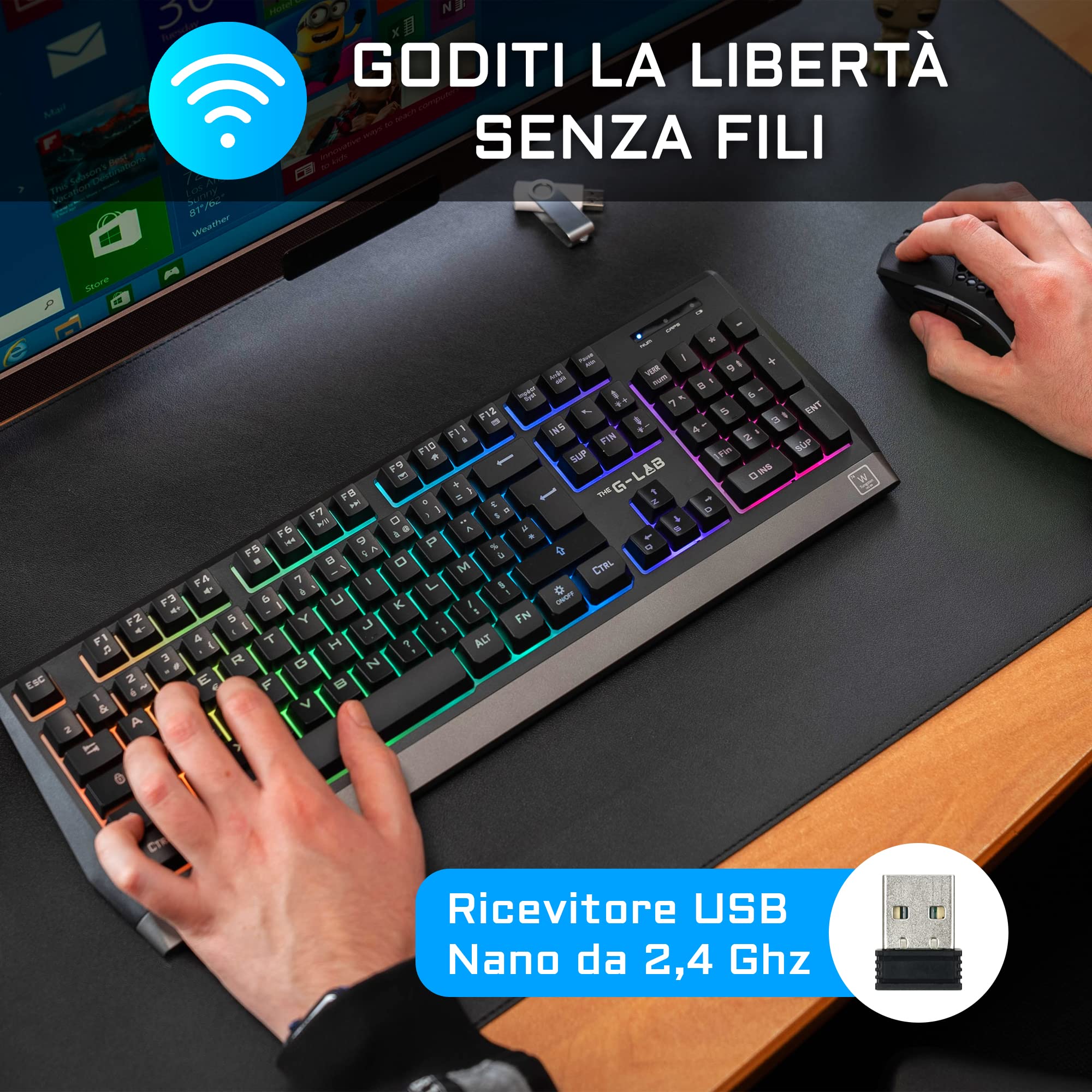 THE G-LAB Combo TUNGSTEN - Tastiera da Gaming Wireless Retroilluminata e Mouse - Tastiera ITALIANA & K-Stand Radon Supporto per Cuffie da Gioco - Retroilluminazione RGB, USB HUB 2 x 2.0